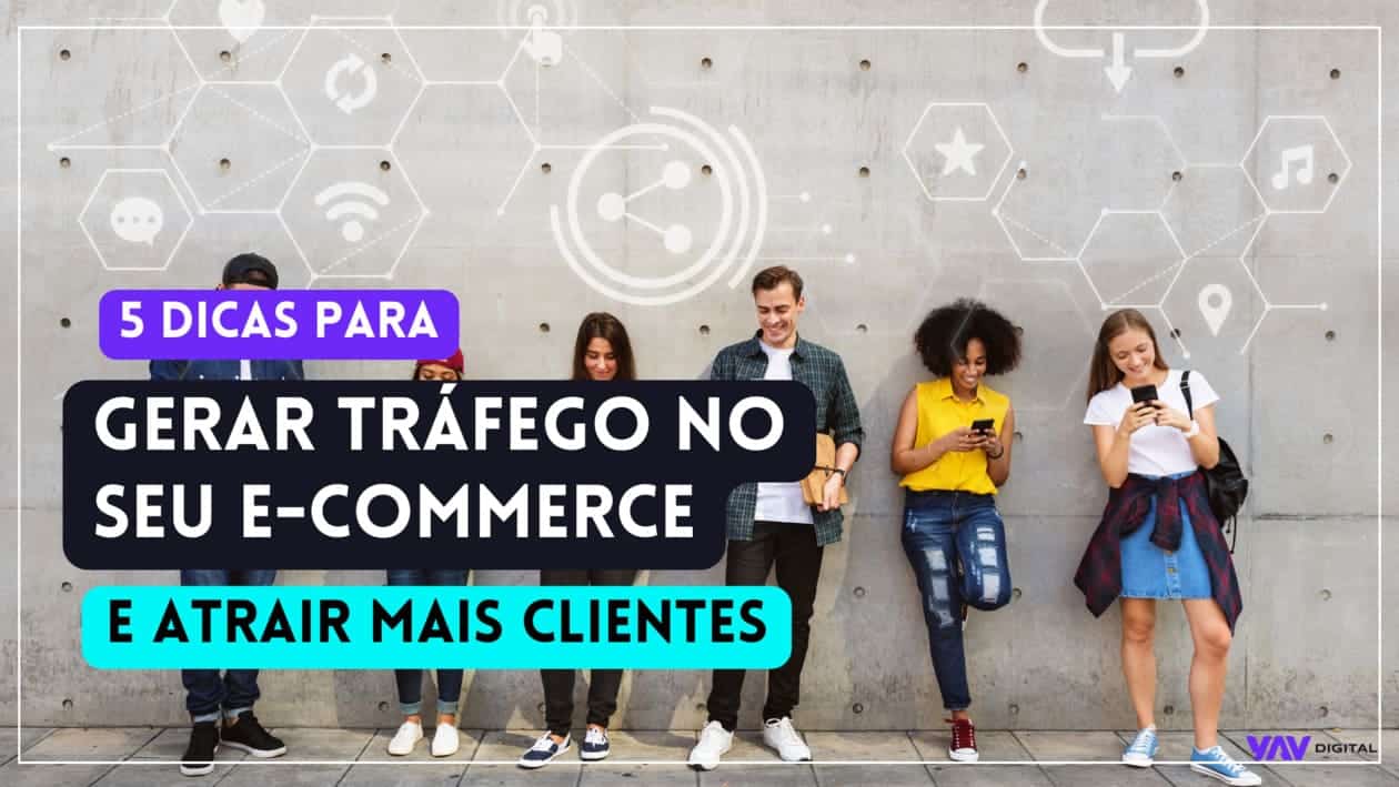 Banner de destaque com pessoas formando uma fila próximos a uma parede, com a frase "Como gerar tráfego no seu e-commerce?"