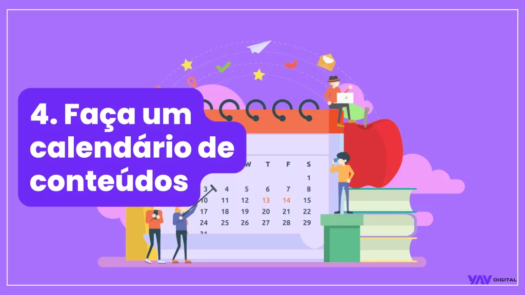 Desenho de um calendário gigante, livros e pessoas.